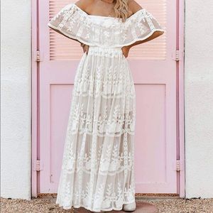 Casual Off Shoulder Lace Maxi Dress White Wedding Bridesmaid Dress Beach Dresses